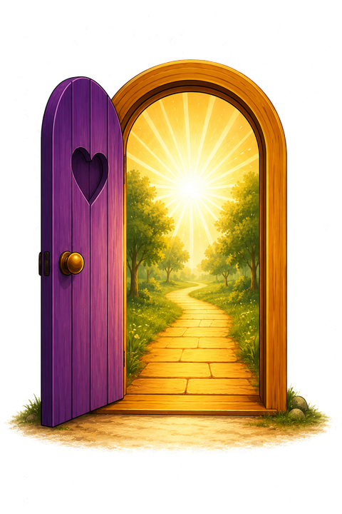 The purple door open, revealing a sunlit path